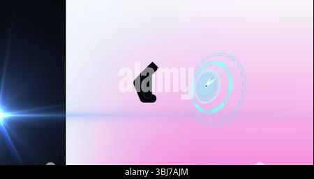 Featuring black shape hanging in gradient backdrop with blue lens flare and holographic interface Stock Photo