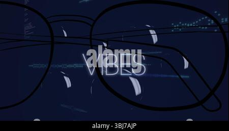Displaying neon-white VIBES text over digital layout with black glasses, teal waveforms, blue dots Stock Photo