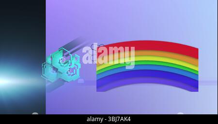 Merging panel and flare in computer generated scene, with 3D cluster and rainbow arch, copy space Stock Photo