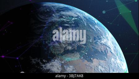 Displaying planet Earth glowing in outer space, with neon network nodes, lines and geometric shapes Stock Photo