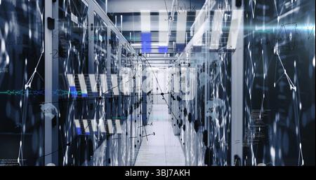 Illuminating corridor between server cabinets in data center, showing LED lights and data overlays Stock Photo