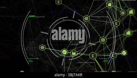 Displaying circular HUD interface over virtual network, featuring neon green icons, currency charts Stock Photo