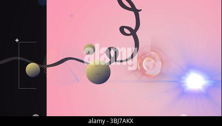 Showing black filament carrying green spheres on digital canvas with waveforms, glowing HUD  and  fl Stock Photo