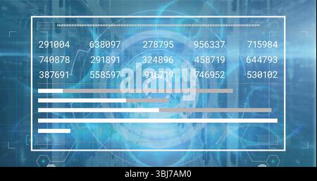 Displaying translucent panel showing numeric bar charts in server room with circular overlay Stock Photo