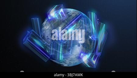 Floating planet Earth rotating in dark outer space, with glowing holographic prisms Stock Photo