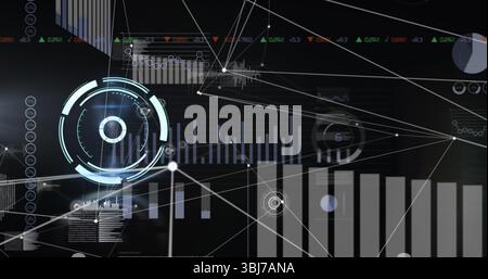 Displaying glowing HUD rotating within virtual dashboard, network lines and bar graphs animating Stock Photo