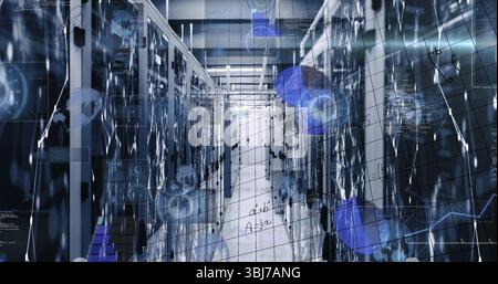 Showing central aisle stretching into distance in data center room, with server racks and overlays Stock Photo