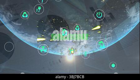 Displaying Earth under glowing green WELCOME text over holographic interface, with eco icons Stock Photo
