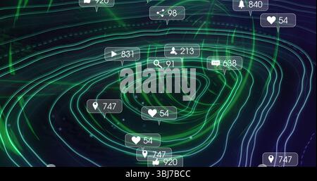 Displaying 3D neon contour network twisting in dark virtual space, with floating heart icons Stock Photo