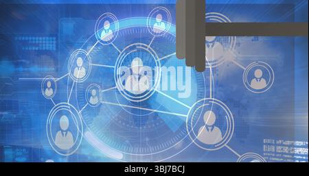 Displaying central user silhouette wearing tie inside ring on screen with lines, icons, world map Stock Photo
