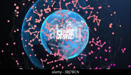 Floating digital Earth globe rotating in outer space, with pink network nodes and 'SHINE' text Stock Photo