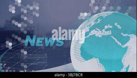 Displaying teal News with hexagon grid overlays, skyline, showing dotted globe on right, copy space Stock Photo