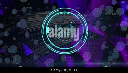 Displaying glowing 6G interface panel in digital network, with network lines and technology icons Stock Photo