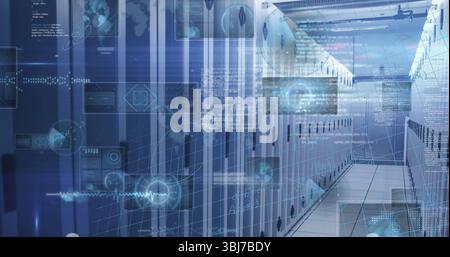 Displaying server rack aisle in data center corridor, with status LEDs and network diagram overlays Stock Photo