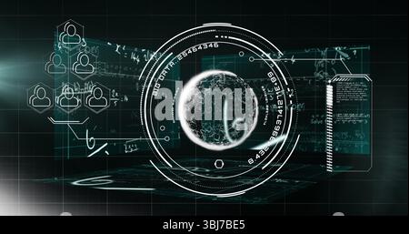 Displaying glowing 3D globe rotating in grid, with HUD rings, readouts, icons, code panel, formulas Stock Photo
