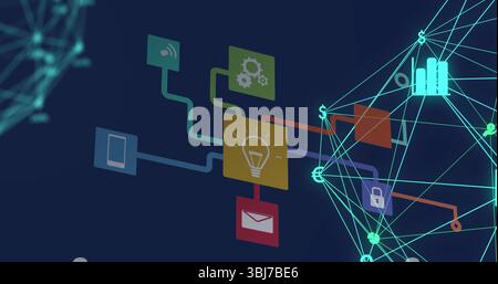 Displaying mesh view growing in digital space, with gear light bulb envelope and smartphone icons Stock Photo