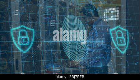 Projecting holographic fingerprint floating over data center, with shield locks and server racks Stock Photo