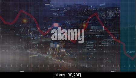 Displaying red line graph rising and falling across night skyline with lit towers and light trails Stock Photo