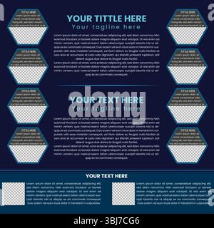 Modern dark-blue template with text boxes and placeholder content for professional presentation Stock Vector