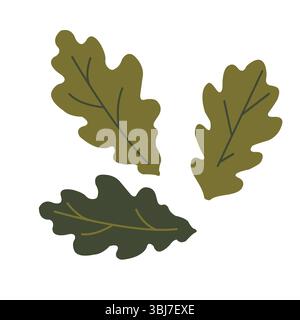 Set of stylized oak leaves of dark green and light green colors with veins. Vector flat illustration for autumn packaging design, textiles, pattern Stock Vector