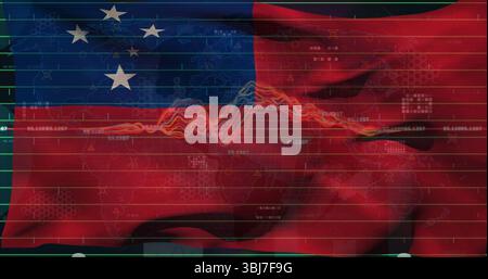 Displaying composite trading screen showing waving US and Chinese flags with line chart overlays Stock Photo