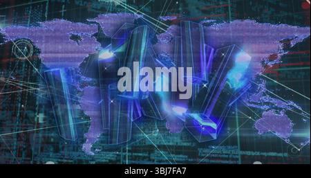 Glowing digital world map grid showing analytics on dashboard, with translucent 3D bars, neon nodes Stock Photo