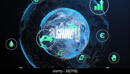 Displaying glowing blue wireframe Earth globe rotating in data space with SHINE overlay and icons Stock Photo