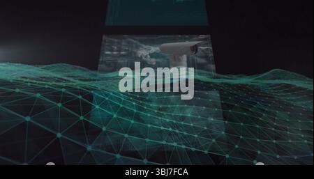 Hovering white security camera scanning cyberspace, with teal-green mesh, data panels and screens Stock Photo