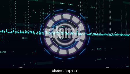 Animating central circular HUD interface on dark grid, with waveform data streams and readouts Stock Photo