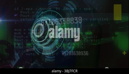 Floating circular HUD element rotating in high-tech interface, with code text and numeric sequences Stock Photo