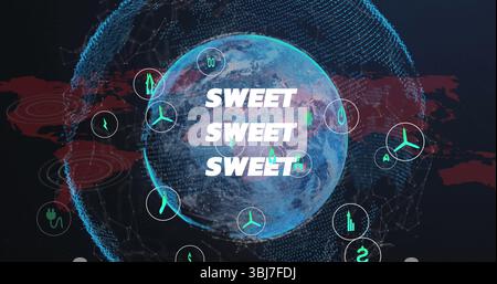 Displaying central globe glowing at data network, with green energy icons and SWEET text overlay Stock Photo