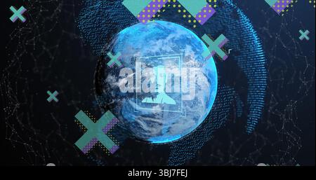 Displaying central Earth globe rotating in data grid, with recognition frame, glowing dots, X icons Stock Photo