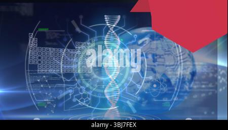 Rotating central 3D DNA helix in digital interface, with periodic table grid and world map globe Stock Photo