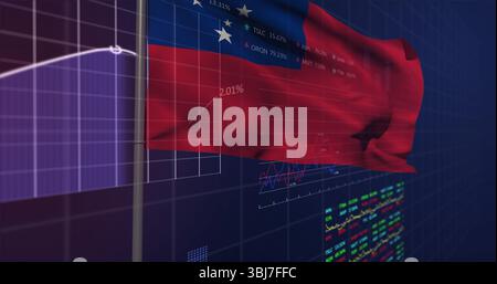 Waving red flag on pole in virtual data space, with translucent grid overlay, stock charts, ticker Stock Photo