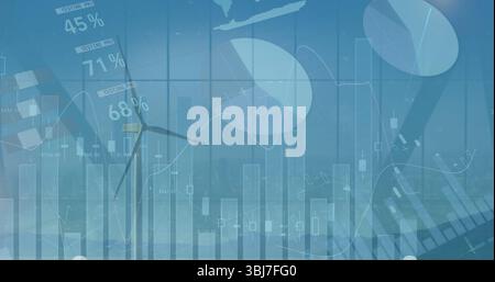 Displaying two wind turbine silhouettes over urban skyline dashboard, with bar, line and pie charts Stock Photo
