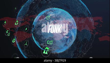 Rendering Earth globe spinning over red map in network, featuring bold FUNK text, floating icons Stock Photo