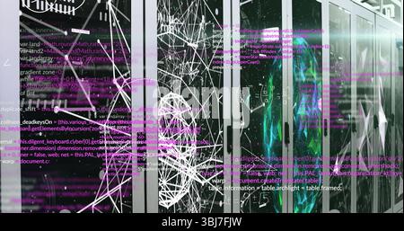 Displaying central server rack glowing with LEDs, drifting code and network graphics in data center Stock Photo