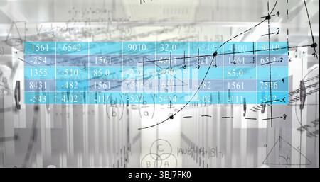 Displaying data overlay showing numeric tables and math graphs in data center with server cabinets Stock Photo