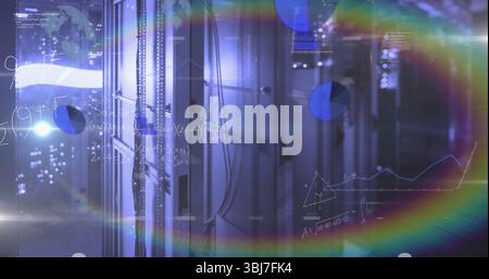 Illuminating server rack cabinet glowing with blue LEDs in data center corridor, digital overlays Stock Photo