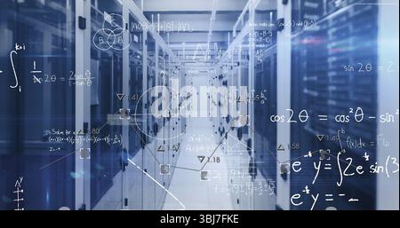 Showing narrow data center corridor, featuring server racks and floating mathematical overlays Stock Photo