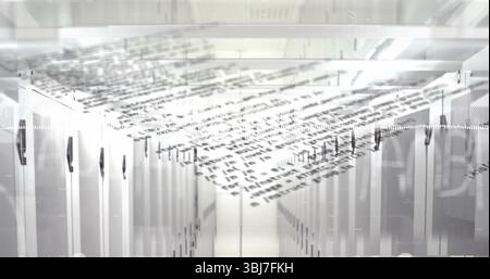 Shining rows of white server cabinets lining data center corridor, with LED lights, code overlay Stock Photo