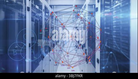 3D network graph overlay hovering above server corridor, with cabinets, cables and indicator lights Stock Photo