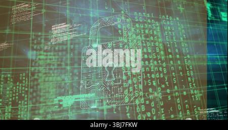 Displaying padlock icon floating over alphanumeric code and grid lines in computer interface Stock Photo