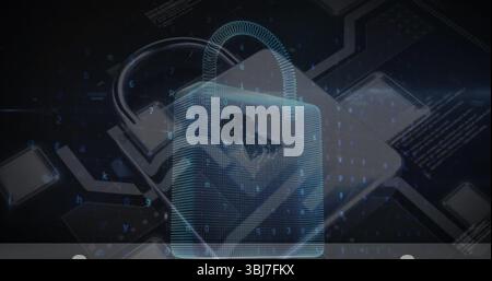 Glowing central holographic padlock icon projecting cybersecurity interface, with binary streams Stock Photo