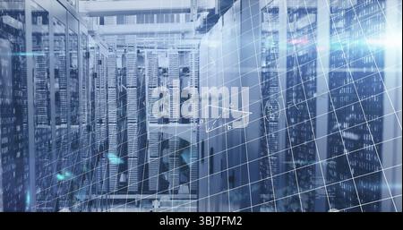 Rack server cabinet standing in data center, with switches, cables, grid and triangle overlay Stock Photo