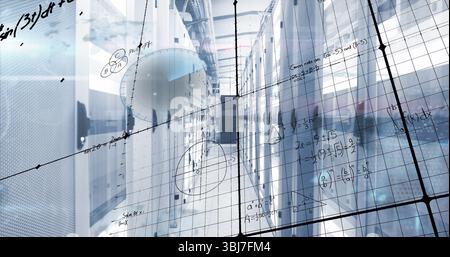 Showing server racks shining on polished floor at data center aisle, with cable trays, grid overlay Stock Photo