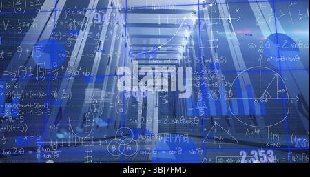 Showing server rack corridor featuring bundled cables and LEDs in data center, with digital overlay Stock Photo