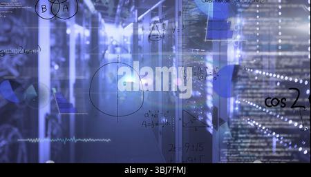 Glowing server racks lining data center aisle, with network switches, LED lights and code overlays Stock Photo