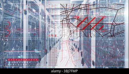 Showing server rack corridor extending into data center, with digital map overlay and red pathways Stock Photo