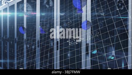 Showing server racks with LEDs and network cables in data center featuring diagram-formula overlay Stock Photo